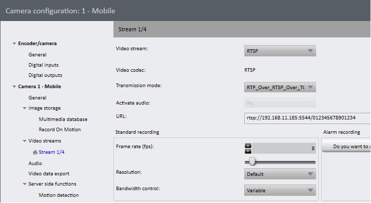 Ocularis Recorder Manager Figure 35 Configure Stream 1 for the Mobile Device 3. Set the Transmission mode to RTP_Over_RSTP_over_TCP 4.