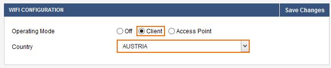 In the Wi-Fi-CLIENT INTERFACE section, configure the Wi-Fi interface settings: DHCP Client Set DHCP Client to Yes. Static IP address Set DHCP Client to No.