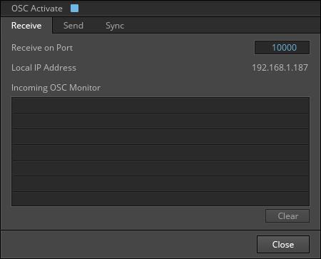 Controlling REAKTOR with MIDI and OSC Configuring OSC Settings The OSC Settings Window The OSC Settings uses tabs to navigate between the three different sections: Receive: Here you can set up
