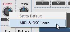 Controlling REAKTOR with MIDI and OSC Making OSC Connections 2. Select MIDI & OSC Learn. 3. Move the OSC controller you want to use.
