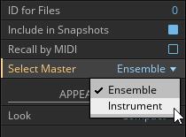 Snapshots and Presets Bank Name 6. Select the Instrument you wish to use as the Snapshot Master from this menu and click on it. The selected Instrument is now the Snapshot Master for the Ensemble. 5.