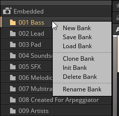 Snapshots and Presets Snapshot Banks Editing Options for Banks The options available are: New Bank: creates a new empty Snapshot Bank and places it in the first available Snapshot Bank slot.