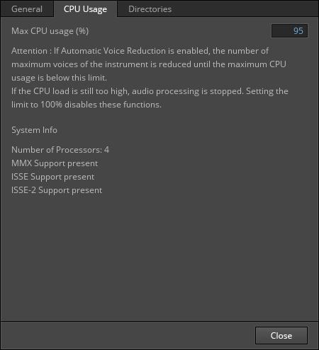 The Preferences Window Directories Preferences The CPU Usage Preferences The Max CPU usage (%) setting in this window is directly linked to the Automatic Voice Reduction feature, which is described