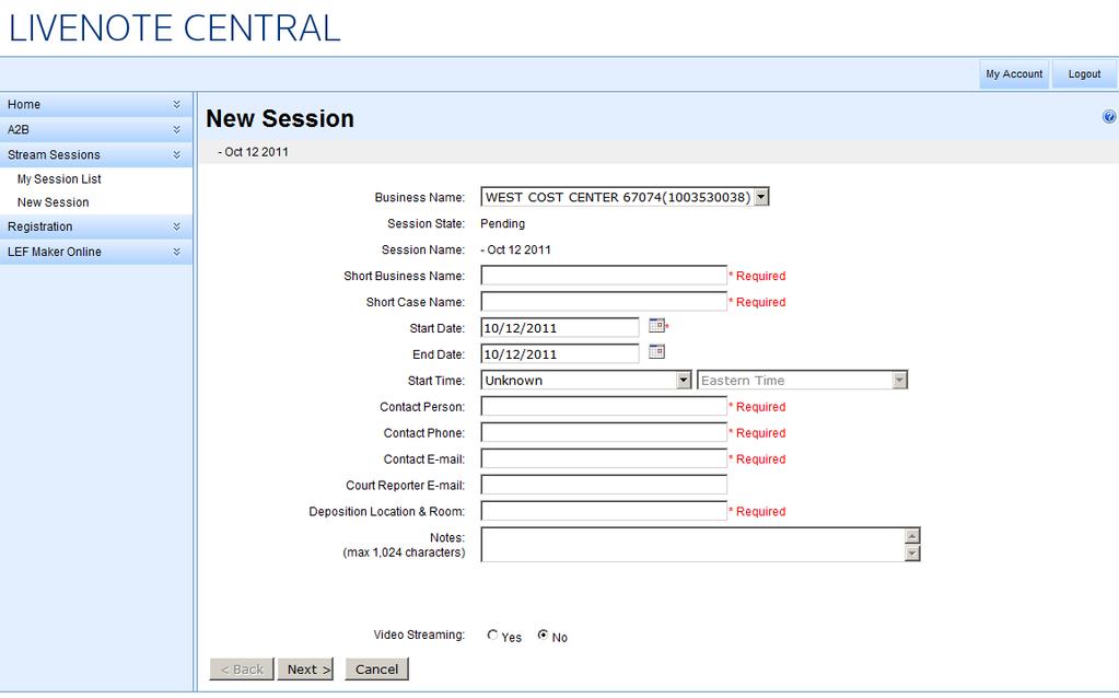 Figure 2. Login page 2. Type your user ID and password in the appropriate boxes and click Login. The Welcome page is displayed. 3. Click Stream Sessions in the left pane, then click New Session.