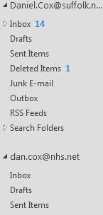You should now see your NHS.net folder on the left side of the screen. A screenshot of this is shown below. Here you can see both Email accounts. The old Suffolk Account The newly added NHS.