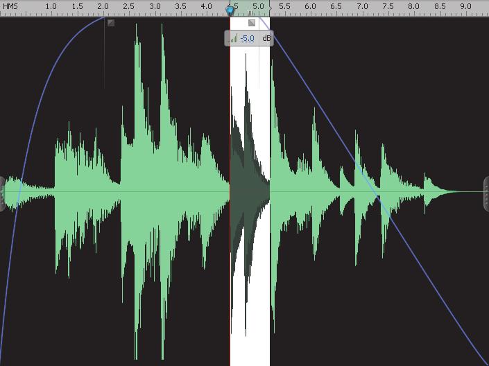 96 LESSON 4 Repairing and Adjusting Audio Clips 4 Using the Time Selection tool, click and drag in the waveform display to select the area in which you would like to adjust the volume.