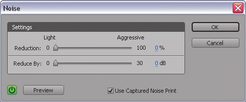 You can restrict the noise reduction to a portion of the sound file, by selecting that area before invoking the noise reduction task. 2 Under Clean Up Audio in the Tasks panel, click the Noise button.