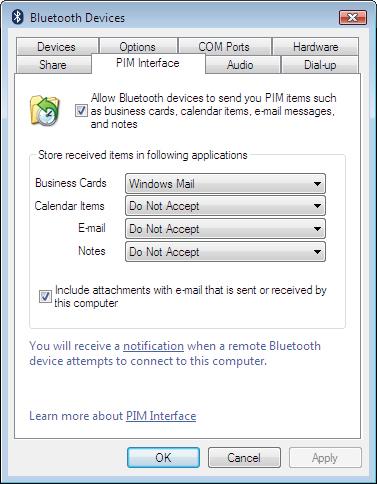 16 PIM Interface tab Use this tab to configure settings for received PIM items, such as business cards, calendar items, e-mails,