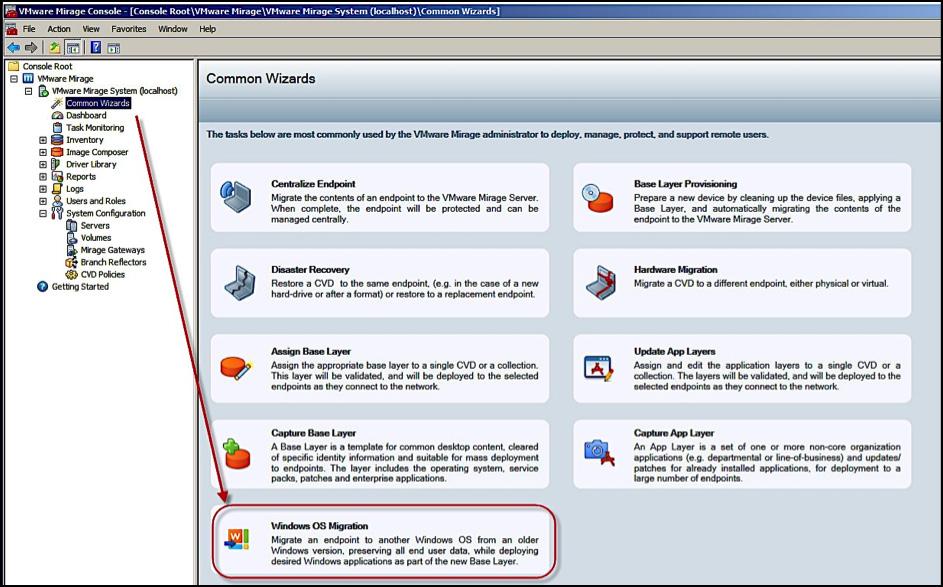 Migrating a Windows Operating System with Mirage You can migrate endpoints from Windows XP or Windows Vista to Windows 7 using the Windows OS Migration wizard from the Mirage Console.