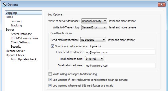 Setting log options Setting log options The TestTrack Server creates log files that record events, such as severe errors or unusual activity, to help you monitor server operations.