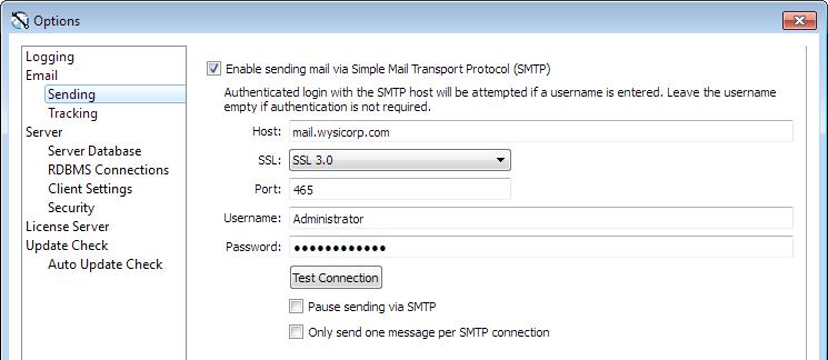 Setting email sending options 5. Select Log warning if TestTrack Server is not started as an NT service to add a warning to the server log if the server is started as an application.