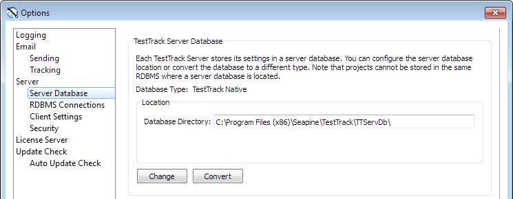 Configuring the server database location and type Configuring the server database location and type TestTrack Server settings are stored in the server database. Each server has its own database.