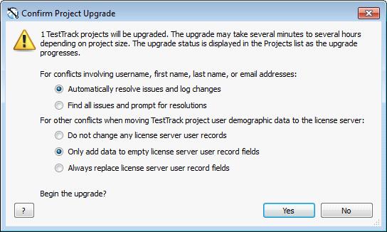 Upgrading TestTrack 5.0 and earlier projects Note: Legacy projects from TestTrack 2011.1 and earlier must be upgraded to TestTrack 2015.1 before you can upgrade them to the current version.