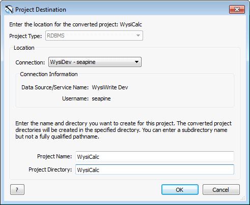 Converting TestTrack 5.0 and earlier projects 4. Select an RDBMS Connection. 5. Enter a Project Name and Project Directory. You can only select one RDBMS destination.