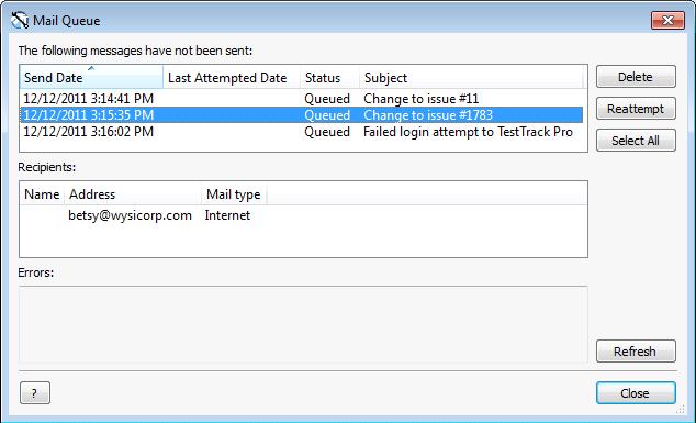 Managing Email Users can send email from TestTrack and also generates automatic email notifications. When TestTrack sends email, it is placed in the mail queue for processing by the server.