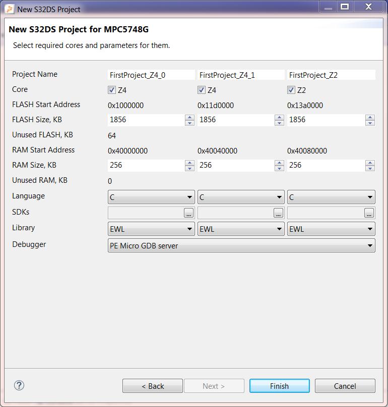 Create a new project 4 of 5 Select Cores Select Flash and RAM size Select Programming