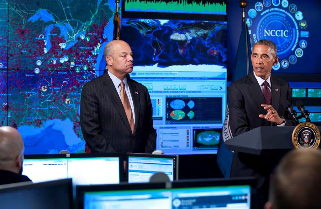 Barry Bahler / DHS Public Affairs DHS Secretary Jeh Johnson and President Barack Obama on the NCCIC Arlington watch floor.