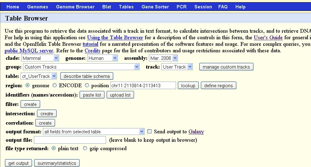 Table Browser All data (annotation tracks) from the Genome Browser is