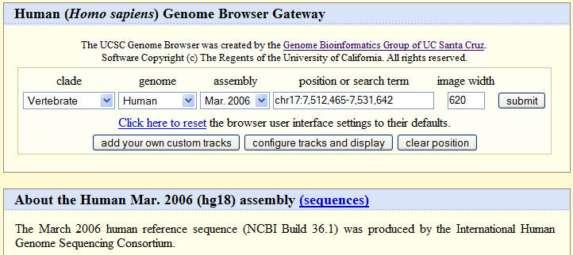 The Genome Browser Gateway start page, basic search text/id searches Helpful search examples,