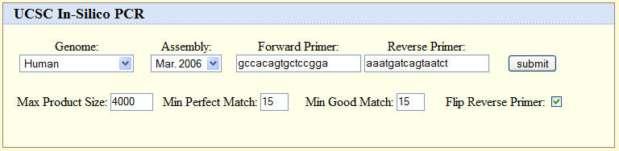 In Silico PCR: find genomic sequence using primers Select genome Enter primers Minimum 15 bases Flip reverse primer?