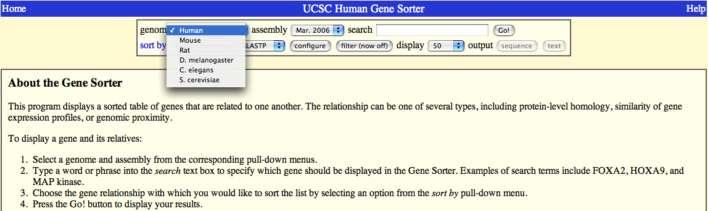 Gene Sorter: Chose Genome and Gene Choose Assembly Type in gene name Choose Genome or