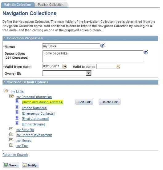 This page illustrates how to define the navigation collection with the same folder (my Personal Information) expanded.
