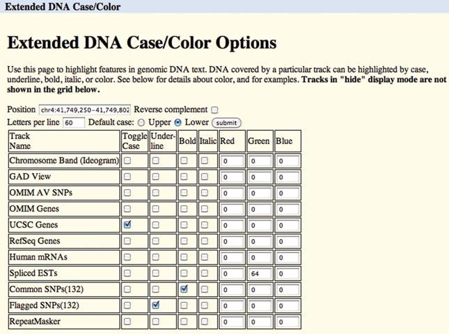 Figure 1.4.5 An extended DNA Case/Color Options request to display the DNA for the chr4:41749250-41749802 region of the Feb. 2009 (GRCh37/hg19) human assembly.