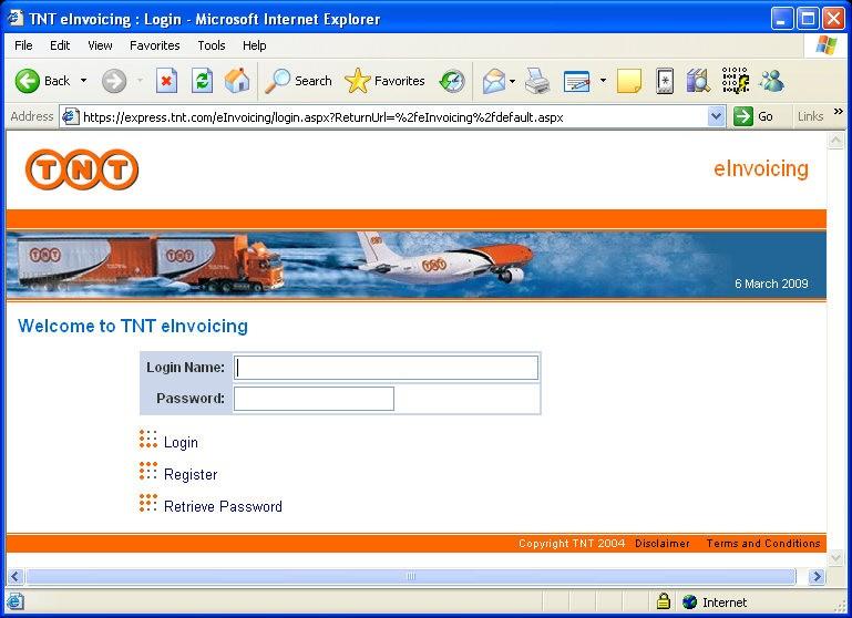 3.0 Login Screen The Login and Password will be provided by TNT prior to you commencing on the e-invoicing system. If you forget your login you need to contact the Administrator of the system.