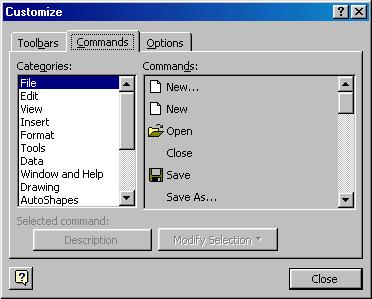 Select View Toolbars Customize and click the Commands tab. By highlighting the command categories in the Categories box, the choices will change in the Commands box to the right.