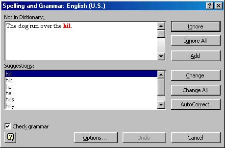 The Spelling and Grammar dialog box will notify you of the first mistake in the document and misspelled words will be highlighted in red. NOTE: DO NOT RELY ON THIS. PROOF READ ALL WORK.
