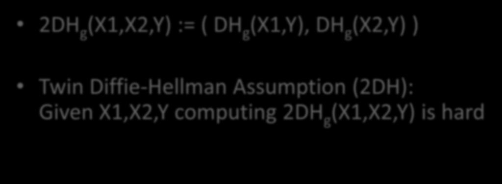 Twin Diffie-Hellman Assumption 2DH g (X1,X2,Y) := ( DH g (X1,Y), DH g (X2,Y) ) Twin
