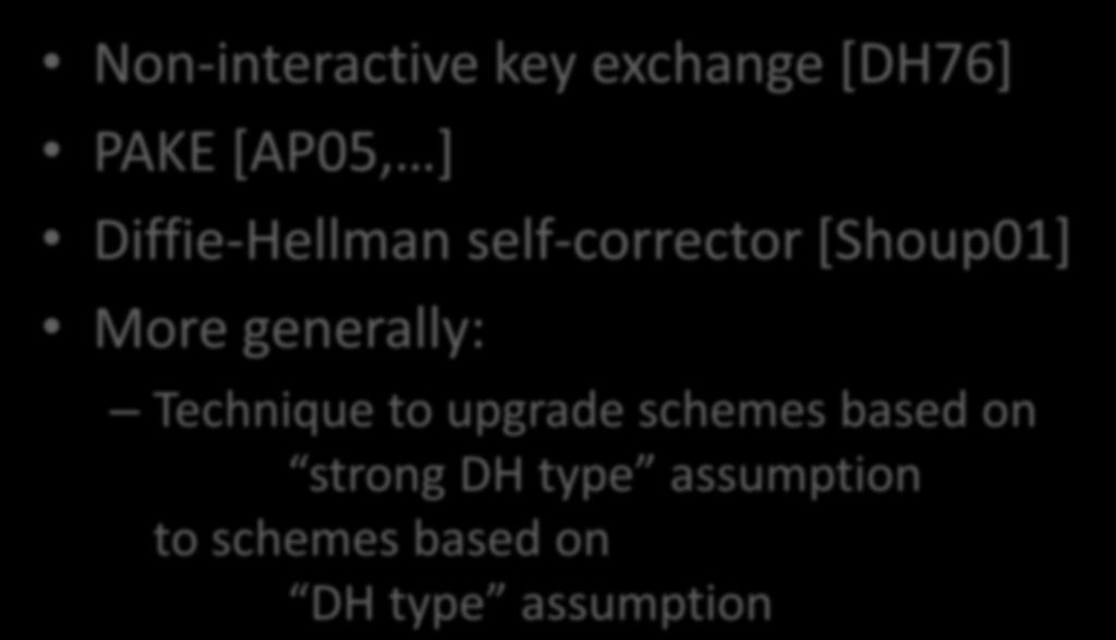 More twinning Non-interactive key exchange [DH76] PAKE [AP05, ] Diffie-Hellman self-corrector [Shoup01] More