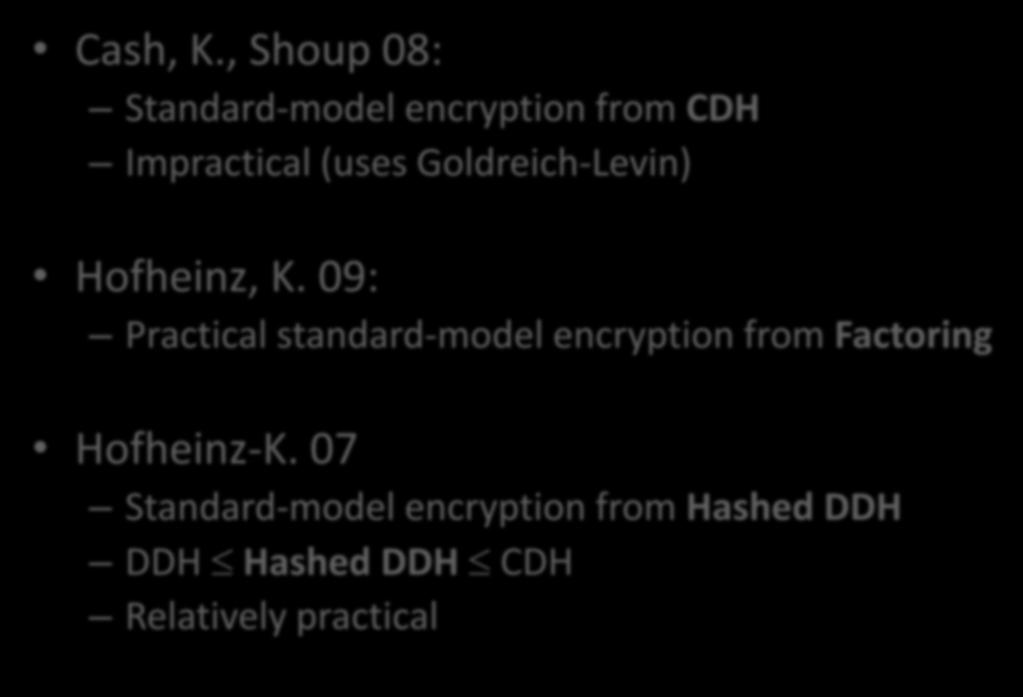 Alternatives to CS/KD? Cash, K., Shoup 08: Standard-model encryption from CDH Impractical (uses Goldreich-Levin) Hofheinz, K.