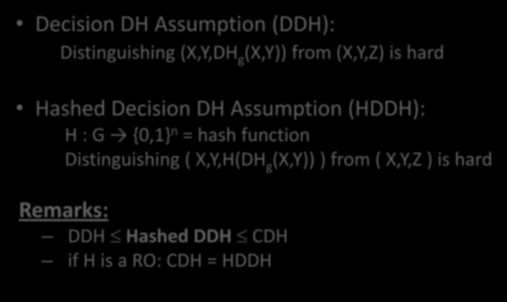 Decision DH Assumptions Decision DH Assumption (DDH): Distinguishing (X,Y,DH g (X,Y)) from (X,Y,Z) is hard Hashed Decision DH Assumption