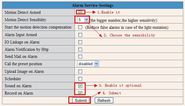 Figure 9.6 Enter Alarm Service Settings page to configure Motion Detection function. 3.18.