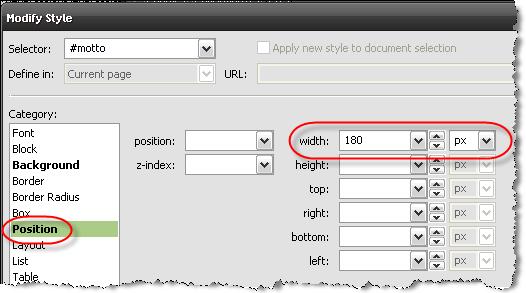 Set Width 9. Click the "Position" category.