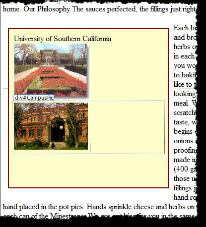 Between the USCText <div> tags, type: University of Southern California as shown. 20. Drag the Library.jpg picture off of your folder list and between the LibraryPic <div> tags as shown. 21.