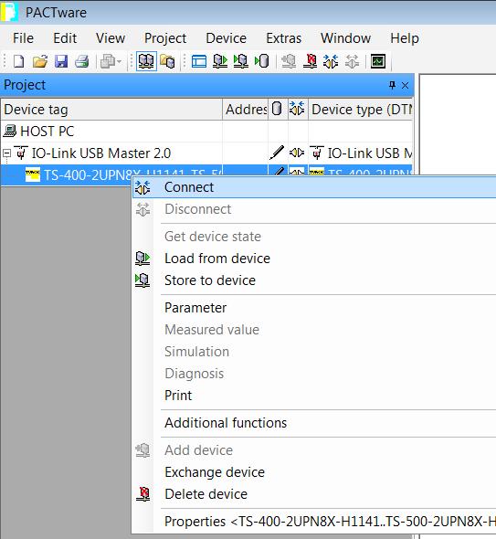 Establish the connection between the IO-Link device and PC by right-clicking the