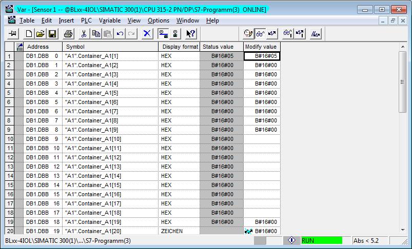 Enter value 5 to be written in the variable table under Control value in order to rotate the display by 180 and set the