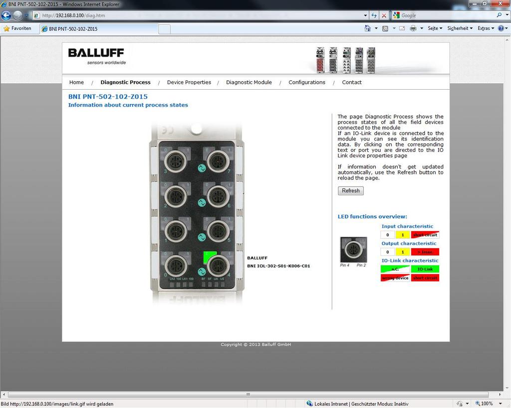 Balluff Network Interface ProfiNet 7 Web server 7.3. Diagnostics procedure Information on the current process data and port status of the module are visualized on this page by means of LEDs.