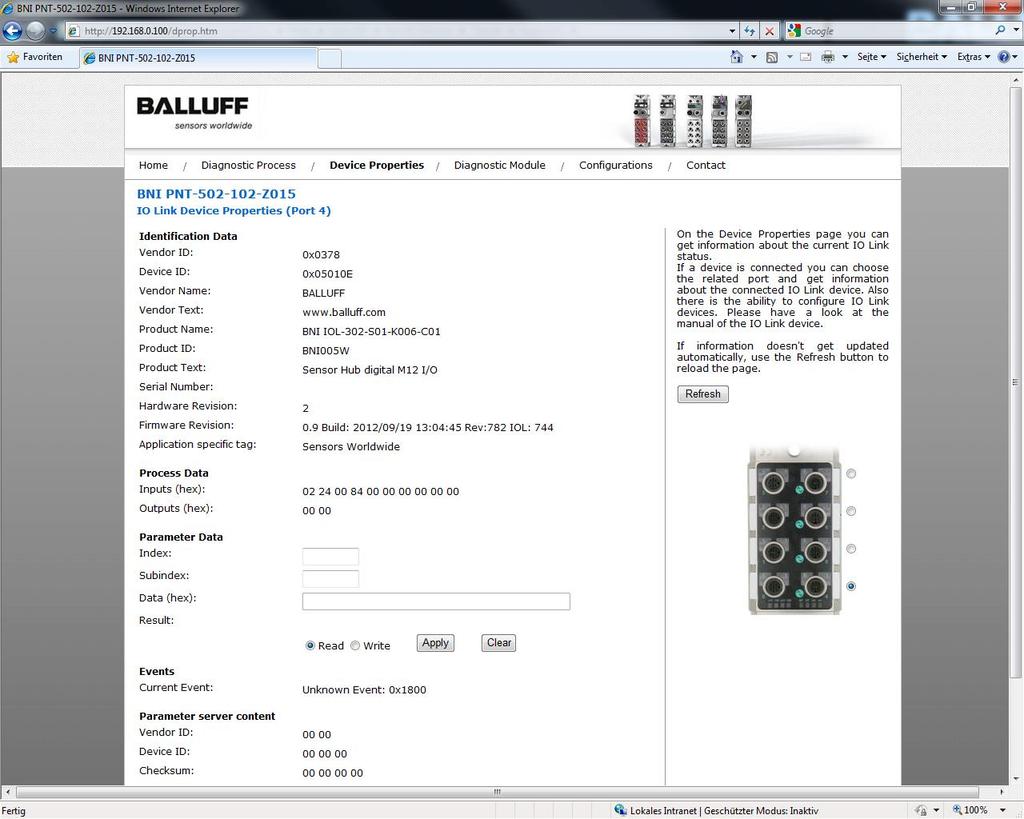 Balluff Network Interface ProfiNet 7 Web server The process data and settings for the parameterization data are shown on this screen.