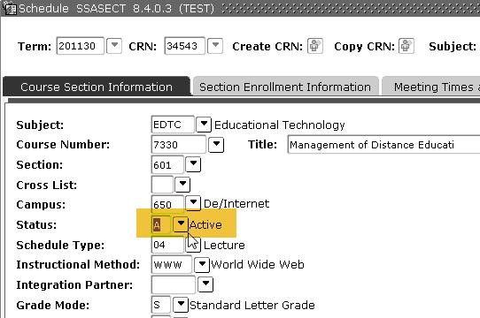 Click in the Meeting Times block to select the row with the Meeting and times information for the class so it is highlighted. 15.
