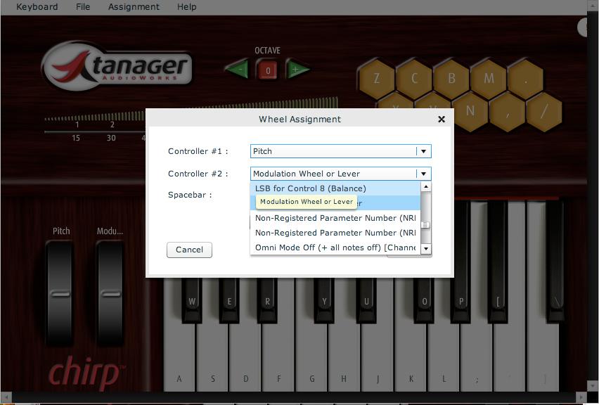 Chirp Virtual MIDI Keyboard Controller User Guide (Build 2.0) Any controller defined in the MIDI specification can be assigned to either of the two wheels.