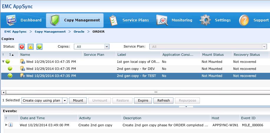 Select Copy Management > Oracle > ORDER to view the new development copy.