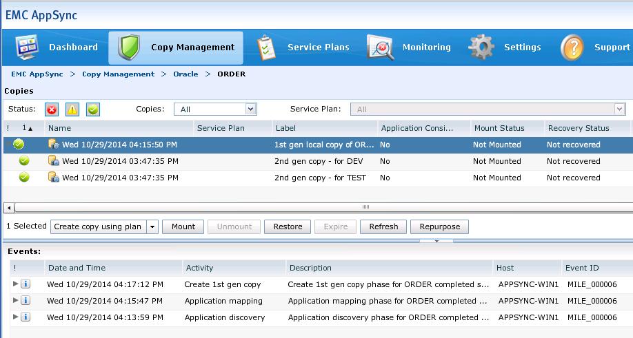 The Oracle copy overview displays the time of the copy, as