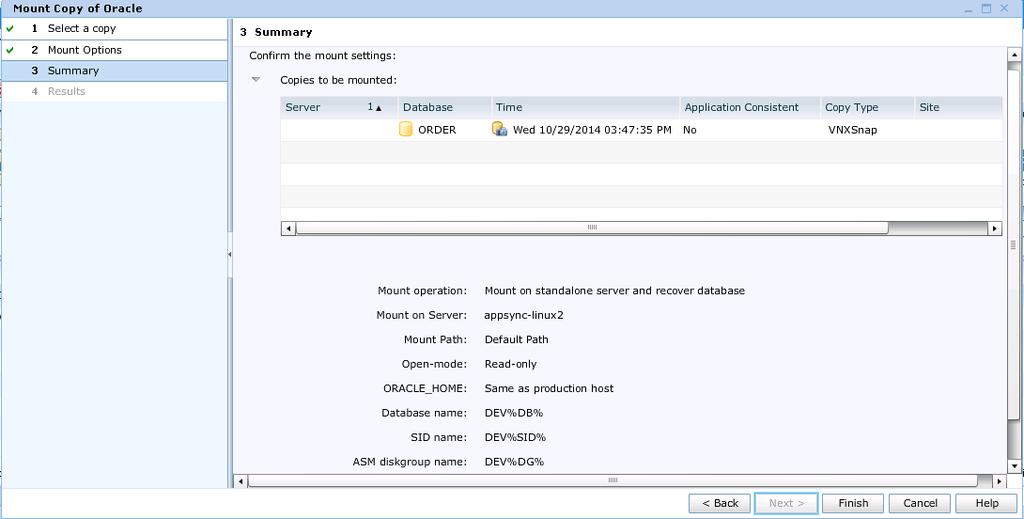 Recovery Settings are customized to open the database in a read-only view, and the database name has a DEV prefix to identify it as the development copy. Figure 39.