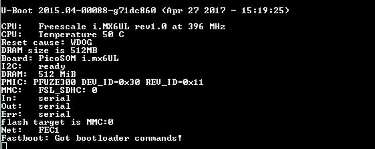 console window: $su $reboot bootloader Once the device is in FASTBOOT mode, your serial console will look similar to Figure 11.