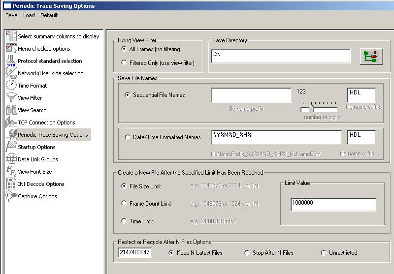 Saving options for the trace files Captured trace files can be controlled by saving the trace using different conventions such as Trace files with