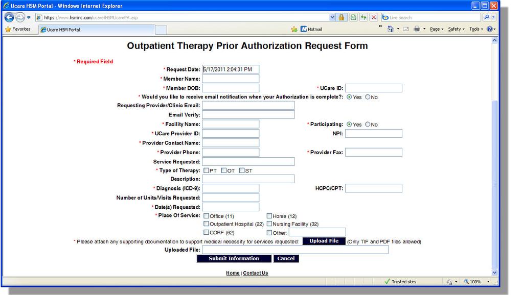Page 10 of 16 UCare User Guide V1.7 Click here upload clinical notes Complete the information as required in the Therapy Prior Authorization Request Form above.