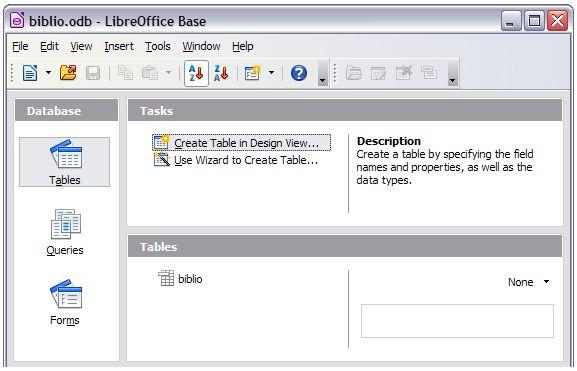 This opens a window similar to Figure 22, which is the main menu for Base, the database component of LibreOffice.